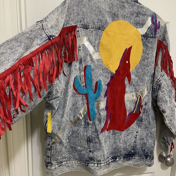 Vintage Opal Jean‎ Jacket Denim Wolf Moon Cactus Fringe Western NWT 80s 90s RARE - Picture 3 of 14